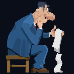 cartoon man in a suit and glasses pensively sits and looks at the paper