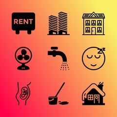 Vector icon set about home with 9 icons related to portrait, hygiene, propeller, professional, bathroom, text, retro, service, pregnancy and deck