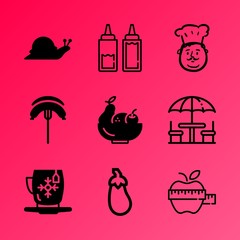 Vector icon set about kitchen with 9 icons related to spring, dining, fall, surface, work, uniform, garden, cook, agriculture and website