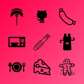 Vector icon set about kitchen with 9 icons related to gardening, textile, symbol, tong, background, service, handle, steel, organic and microfiber
