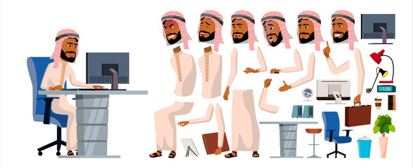 Arab Man Office Worker Vector. Animation Set. Generator. Facial Emotions, Gestures. Front, Side, Back View. Businessman Worker. Traditional Clothes. Islamic. Thawb, Thobe. Arab, Muslim. Illustration
