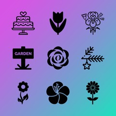 Vector icon set about flowers with 9 icons related to potting, bridal, card, romance, hobby, tropical, pot, space, camomile and trunk