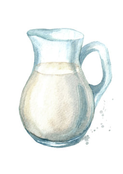 Jug with milk. Watercolor hand drawn illustration, isolated on white background