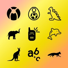 Vector icon set about baby with 9 icons related to alphabetical, tourism, fear, rhino, family, stegosaurus, icon, greeting, ancient and fabric