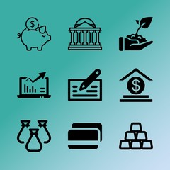 Vector icon set about bank with 9 icons related to decoration, professional, box, shop, stock, illustration, graph, analysis, paper and electronic