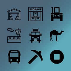 Vector icon set about transport with 9 icons related to firefighter, camel, motorcycle, no, merchandise, bicycle, bus, trash, journey and male