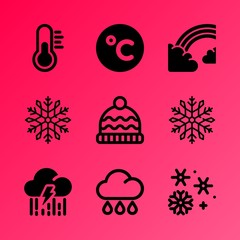 Vector icon set about weather with 9 icons related to meteorology, warning, pattern, grass, snowfall, flora, hot, falling, concept and landscape