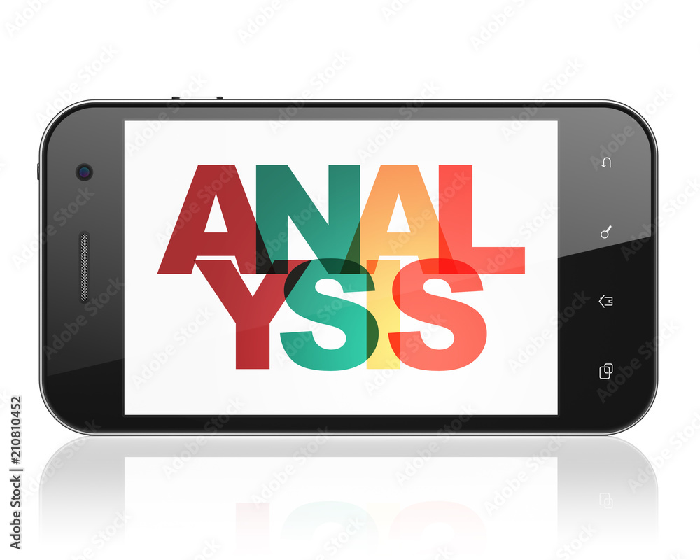 Poster advertising concept: smartphone with painted multicolor text analysis on display, 3d rendering