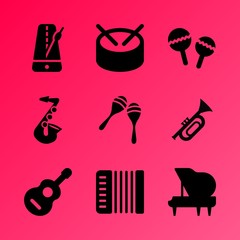 Vector icon set about music instruments with 9 icons related to decoration, clef, vector, art, composition, trommel, key, sheet, tune and shape