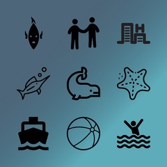 Vector icon set about sea with 9 icons related to speed, maldives, happiness, bay, attractive, liquid, vessel, panda, lips and beauty