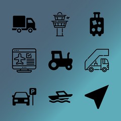 Vector icon set about transport with 9 icons related to farming, sign, distance, manual, dock, illustration, engineering, town, wave and roadmap