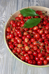 a lot of cherries in a big plate on a wooden table