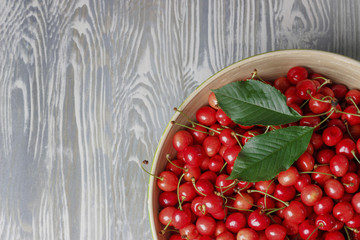 a lot of cherries in a big plate on a wooden table, copy space