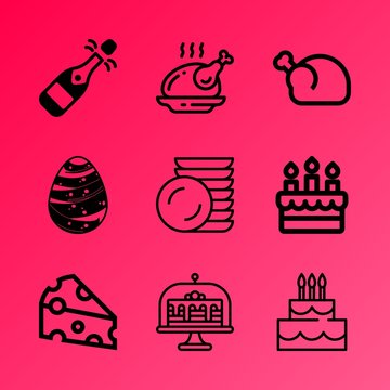 Vector icon set about food with 9 icons related to agriculture, chocolate, wed, frosted, animal, brie, chicken, dining, birthday and bird