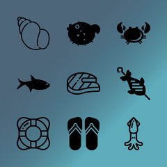 Vector icon set about sea with 9 icons related to sea, green, cockleshell, cuttlefish, deep, cloud, vector, pair, nutrition and wet