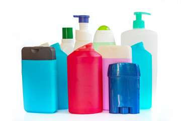 Collection of colorful plastic bottles and containers of hygiene products