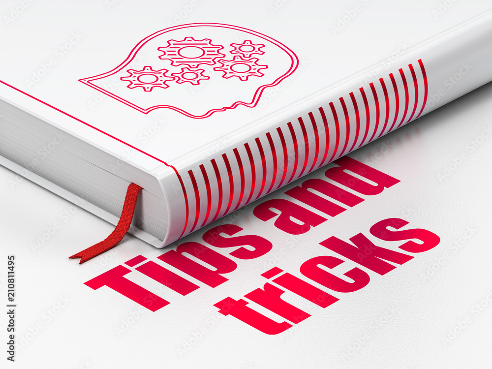 Poster learning concept: closed book with red head with gears icon and text tips and tricks on floor, white