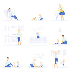 Parents and their kid spending time together and doing homework set, family lifestyle concept vector Illustrations on a white background