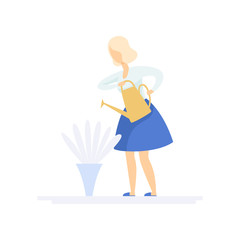 Beautiful young blonde woman watering flowers with watering can, family lifestyle concept vector Illustration on a white background