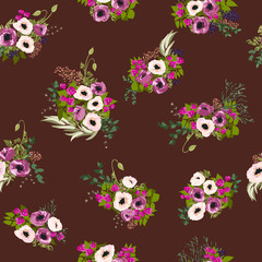 Seamless pattern floral watercolor design: garden poppy, daisy, marguerite, silver eucalyptus, willow, green thyme, greenery leaves. Boho romantic millefleurs plant background print.