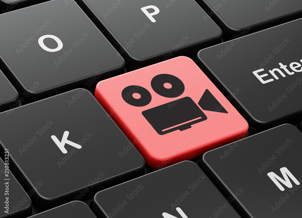 Poster vacation concept: computer keyboard with camera icon on enter button background, 3d rendering
