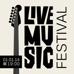 Vector poster or banner for live music festival with neck of acoustic guitar in retro style in black and white colors