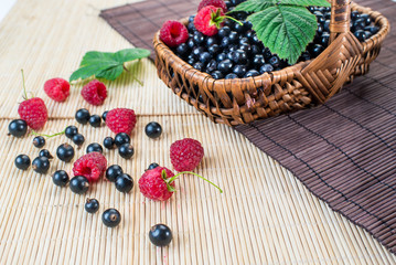 A basket with blueberries and raspberries on wooden background