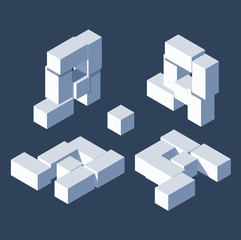 Fototapeta na wymiar 3d blocks letter A. Different isometric views with shadows, laying down and standing. Clean alphabet design in blue shades color