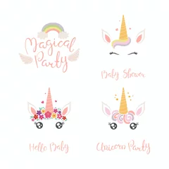 Zelfklevend Fotobehang Set of hand written baby shower lettering quotes, with cute unicorn faces. Isolated objects on white background. Vector illustration. Design concept for banner, invitation, greeting card. © Maria Skrigan