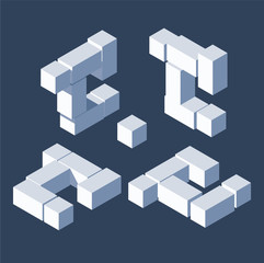 Large bundle letter c in isometric 3d style, build with white cubes with shadows. Vector collection