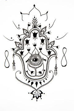 Hamsa decorative black and white hand drawing