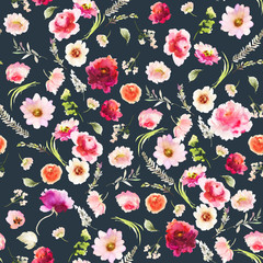 Seamless summer pattern with watercolor flowers handmade.