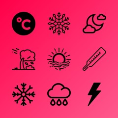 Vector icon set about weather with 9 icons related to city, round, floral, landscape, misty, triangle, future, wind, colorful and business