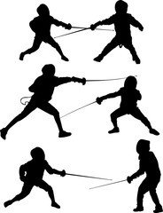 six young fencers silhouettes isolated on white