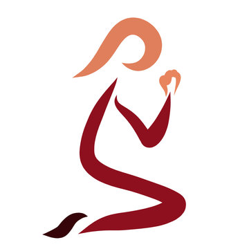 A man humbly praying to God on his knees, a logo