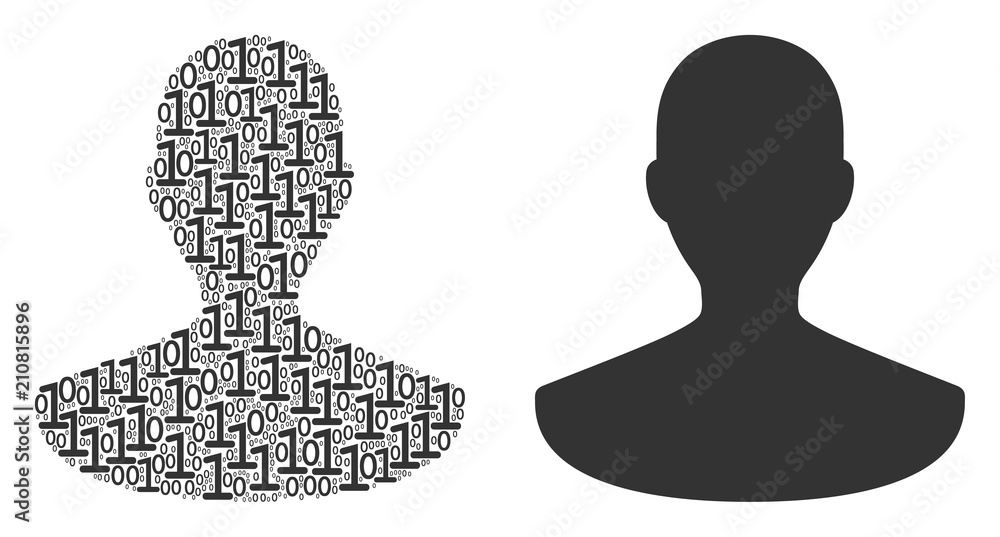 Poster person mosaic icon of zero and one symbols in different sizes. vector digital symbols are organized 