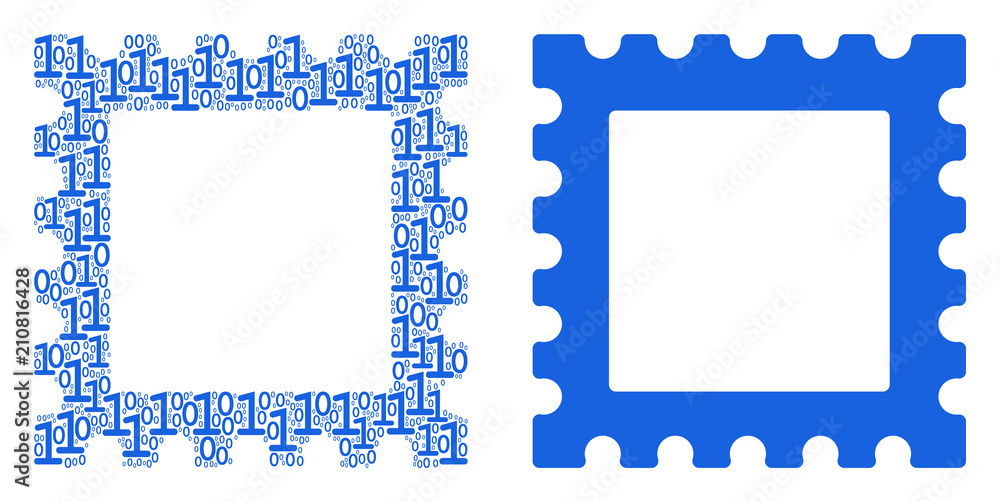 Poster postage stamp composition icon of zero and one symbols in random sizes. vector digital symbols are a