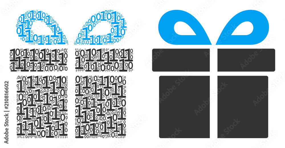 Poster present collage icon of zero and one symbols in different sizes. vector digital symbols are grouped 