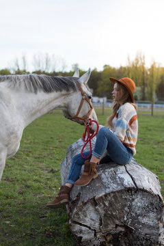 Beautiful girl taking care of her horse. Focus on girl. Warm image tone. Soft focus