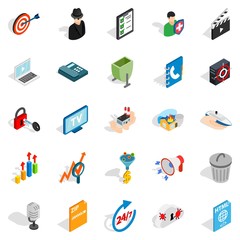 TV icons set. Isometric set of 25 TV vector icons for web isolated on white background