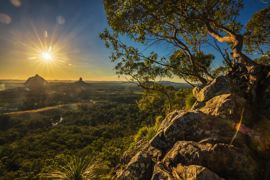 Fototapeta Sunset seen from Mt Tibrogargan, Glass House Mountains, Sunshine Coast, Queensland, Australia
