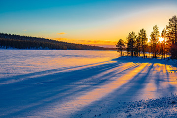 Beautiful sunset at the Arctic circle in Lapland, Finland