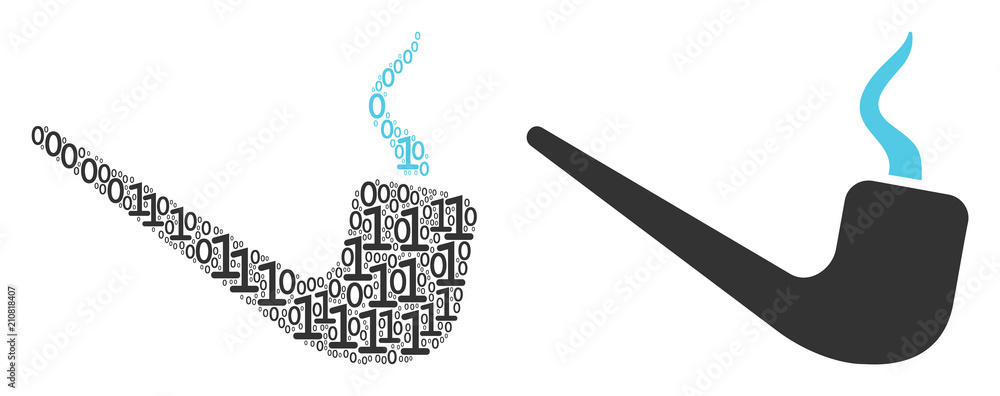Poster smoking pipe collage icon of zero and one symbols in random sizes. vector digit symbols are arranged