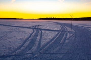 On the Lake Palojarvi in January, snow mobile road, Lapland, Finland