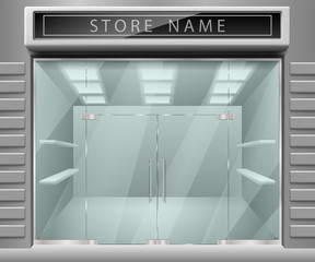 Template for advertising 3d store front facade. Realistic Exterior horizontal empty shop with Shelves. Blank mockup of stylish glass street shop exterior. Vector illustration