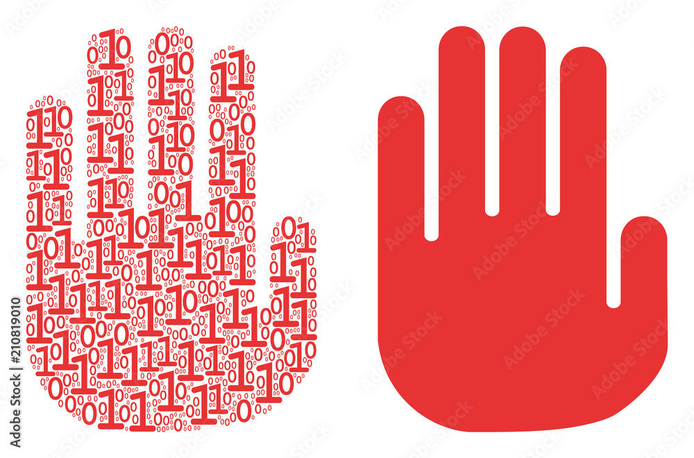 Aufkleber stop hand collage icon of zero and one symbols in various sizes. vector digits are formed into stop 
