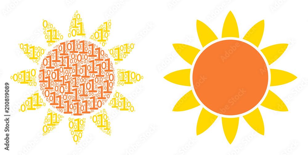 Poster sun composition icon of zero and one symbols in various sizes. vector digital symbols are united int