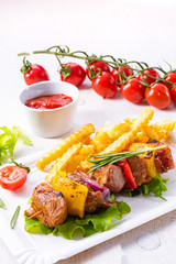 shish kebab skewers with marinated ham meat paprika and red onion