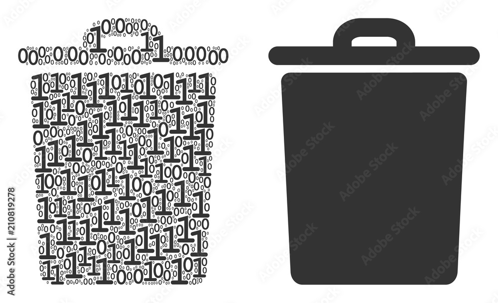 Poster trash bin mosaic icon of zero and one symbols in various sizes. vector digital symbols are organized