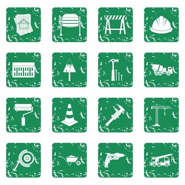 Architecture Icons set in grunge style green isolated vector illustration